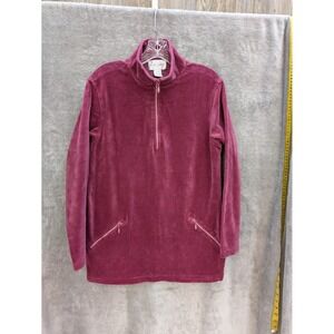 Velour Half Zip Pullover Women Medium Pink Rhinestone Trim Sporty Coquette Y2K